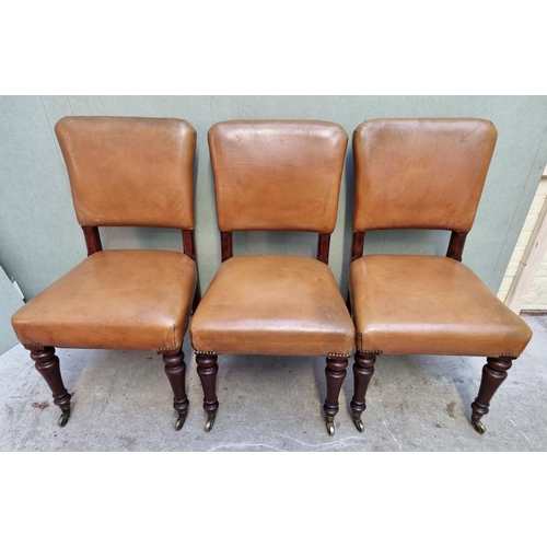 1086 - A set of six mahogany and studded tan leather side chairs, with brass caps and casters to the f... 