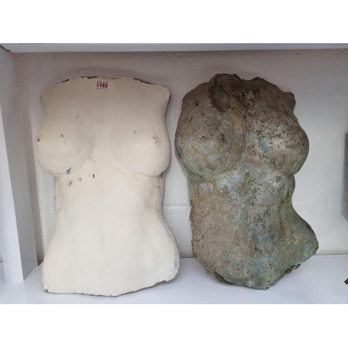 1162 - Two plaster female torso wall plaques, 45cm long. 