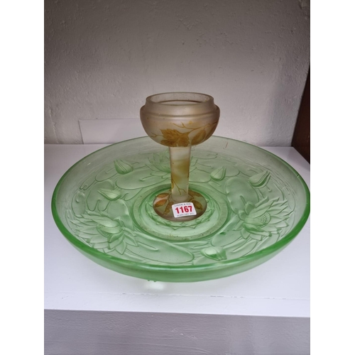 1167 - A 1930s green glass dish, 33cm diameter; together with an acid etched goblet, 16cm high. (2)... 