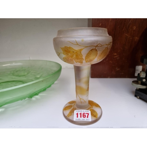 1167 - A 1930s green glass dish, 33cm diameter; together with an acid etched goblet, 16cm high. (2)... 