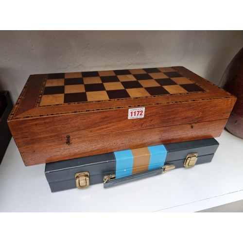 1172 - A walnut and inlaid folding combined backgammon and chequer board, 42.5cm wide; together with anothe... 