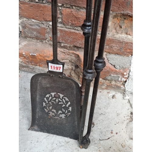 1197 - A set of three 19th century steel fire irons, (two a.f.).