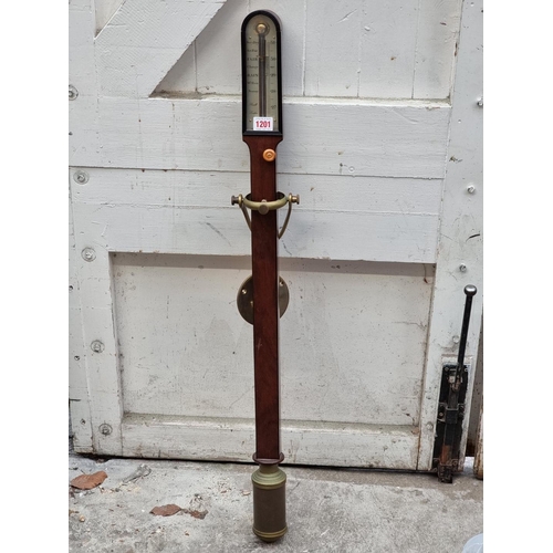 1201 - A good reproduction mahogany marine stick barometer, with brass gimbal mount, 91cm high.... 