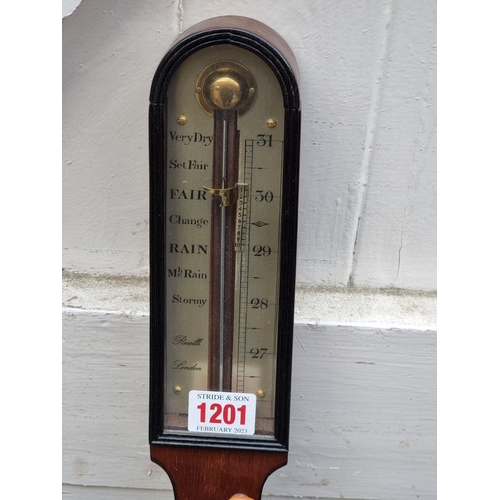 1201 - A good reproduction mahogany marine stick barometer, with brass gimbal mount, 91cm high.... 