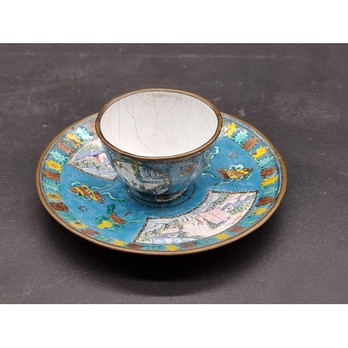 1254 - A small Chinese canton enamel wine bowl and saucer, 18th century, painted with landscape panels... 