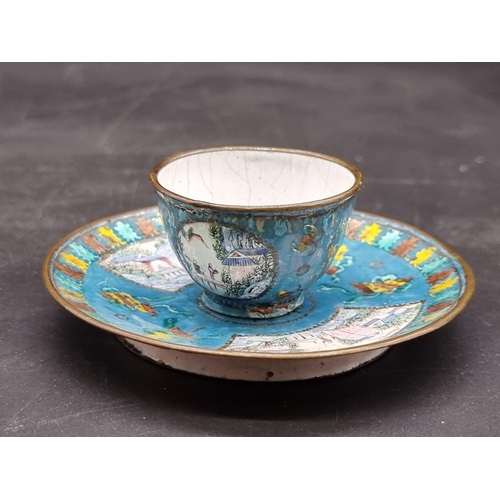 1254 - A small Chinese canton enamel wine bowl and saucer, 18th century, painted with landscape panels... 