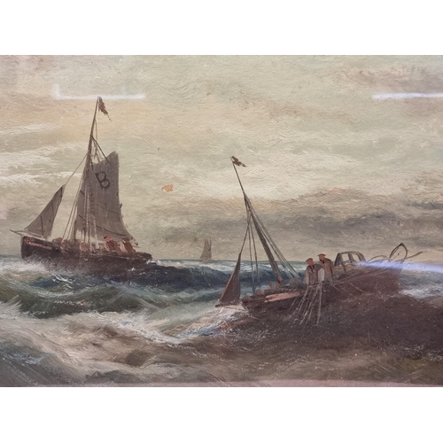 1264 - W Hale, boats in a choppy sea, signed, oil on board, 37 x 62cm.