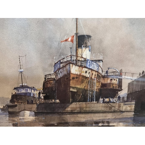 1269 - Martyn Macrill, ships in a dock, signed and dated '85, watercolour, 32.5 x 43cm.