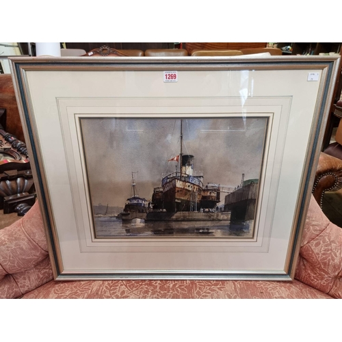 1269 - Martyn Macrill, ships in a dock, signed and dated '85, watercolour, 32.5 x 43cm.