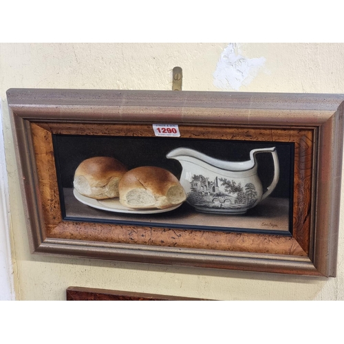 1290 - Edna Bizon, 'Morning Rolls', signed, inscribed on labels verso, oil on canvas, 12 x 30cm.... 