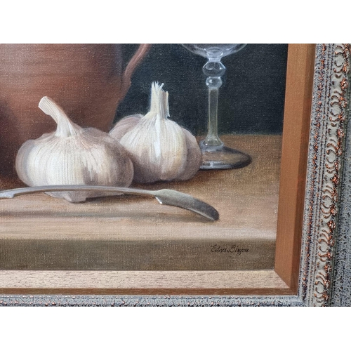 1291 - Edna Bizon, 'Still life with Garlic', signed, inscribed on labels verso, oil on canvas, 30 x 40cm .... 