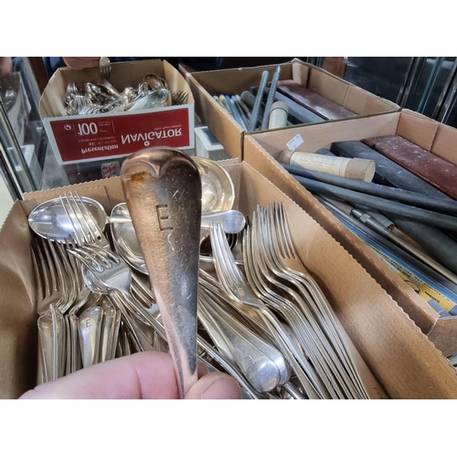 1297 - A collection of electroplated Old English pattern cutlery, each initialled 'E'.