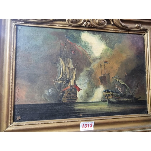 1313 - European School, a naval engagement, oil on oak panel, 20.5 x 31.5cm.  