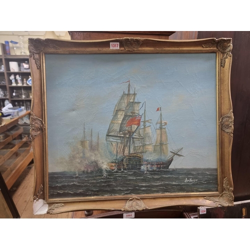 1317 - John Ambrose, a naval engagement, signed, oil on canvas, 50 x 60cm.