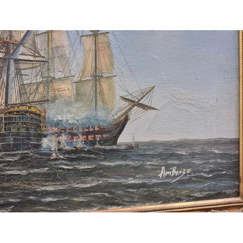 1317 - John Ambrose, a naval engagement, signed, oil on canvas, 50 x 60cm.