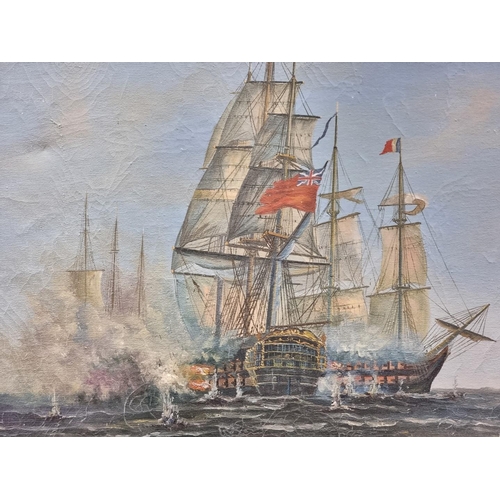 1317 - John Ambrose, a naval engagement, signed, oil on canvas, 50 x 60cm.