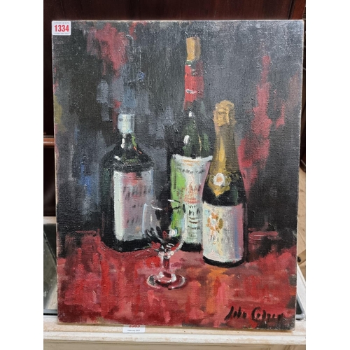 1334 - John Codner, 'Still Life of Three Bottles and a Glass', signed, inscribed verso, oil on canvas, 51 x... 