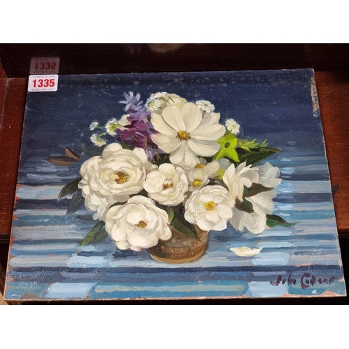 1335 - John Codner, 'Summer Flowers with Roses', signed, inscribed and dated 1987 verso, oil on board, 25.5... 