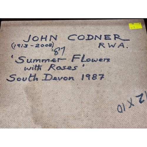 1335 - John Codner, 'Summer Flowers with Roses', signed, inscribed and dated 1987 verso, oil on board, 25.5... 