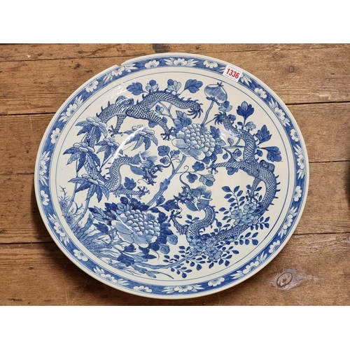 1336 - A large Chinese blue and white charger, 19th century, 46cm diameter, (rim chip).