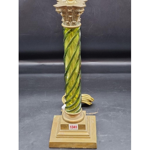 1341 - An unusual brass and green glass Corinthian column table lamp, with spiral reeded column, height exc... 