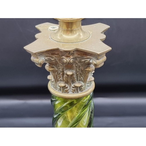 1341 - An unusual brass and green glass Corinthian column table lamp, with spiral reeded column, height exc... 