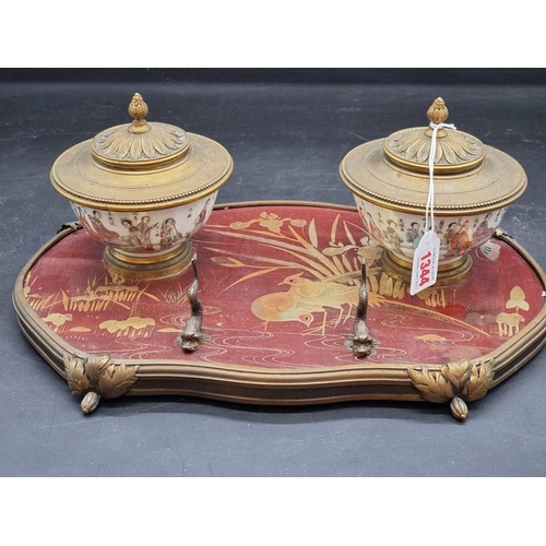 1344 - An impressive 19th century Japanese lacquered and Chinese famille rose porcelain desk stand, wi... 