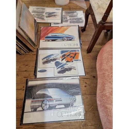 1356 - Automobilia: a set of five Ford motorcar futuristic designs, each signed James and dated '83/86, wat... 