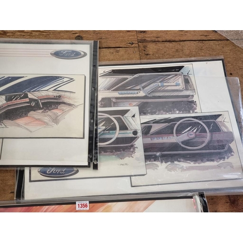 1356 - Automobilia: a set of five Ford motorcar futuristic designs, each signed James and dated '83/86, wat... 