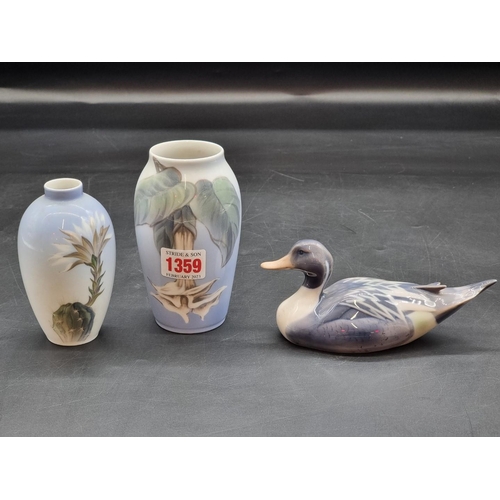 1359 - Two Royal Copenhagen vases and a duck, largest vase 12.5cm high. 