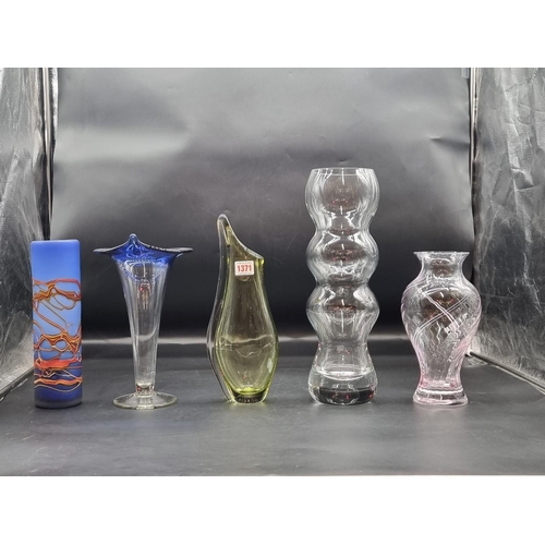 1371 - Five glass vases, to include a clear glass 'Caterpillar' example, 38cm high. (5)