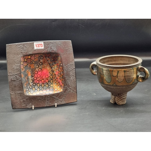 1373 - Studio Pottery: a John Wheeldon stoneware twin handled vase and dish, each with lustre decorati... 