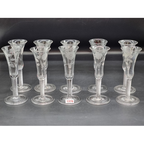 1378 - A set of ten Jacobite style air twist ale glasses, each engraved and inscribed 'Fiat', 20.5cm high.... 