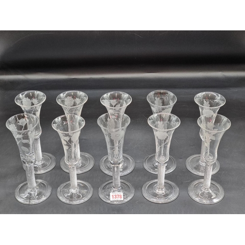 1378 - A set of ten Jacobite style air twist ale glasses, each engraved and inscribed 'Fiat', 20.5cm high.... 