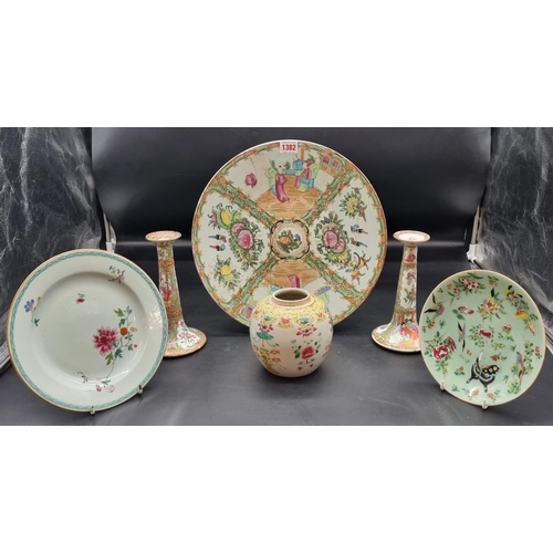 1382 - A collection of Chinese famille rose porcelain, Qing, charger, 35cm diameter; candlesticks, 20cm hig... 