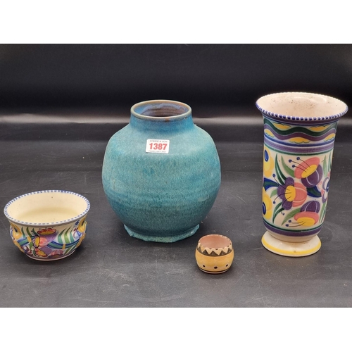 1387 - Four Poole items, to include a Carter Stabler & Adams ovoid vase, with high fired blue glaze, 18... 