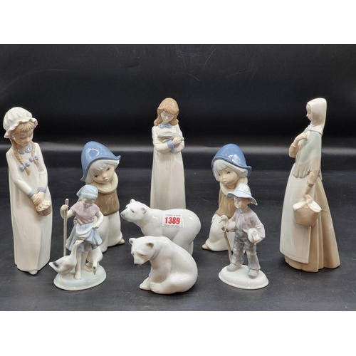 1389 - Two Lladro polar bears, largest 9.5cm high; together with seven other similar figures, largest 27cm ... 