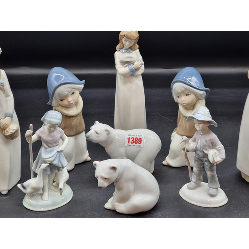 1389 - Two Lladro polar bears, largest 9.5cm high; together with seven other similar figures, largest 27cm ... 