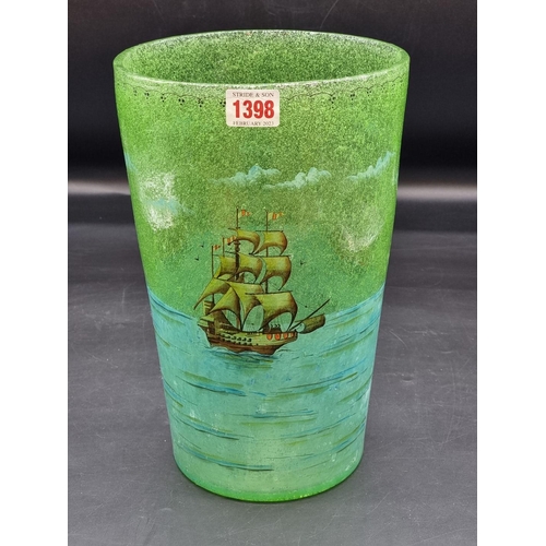 1398 - A large glass vase, painted with galleons, 38cm high. 