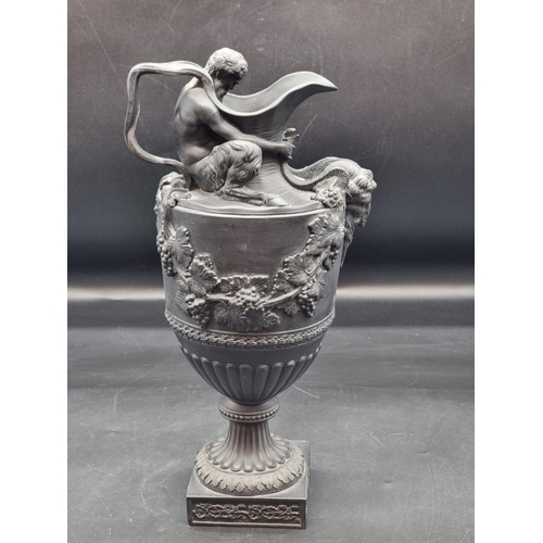 1407 - A Victorian Wedgwood black basalt 'Sacred to Bacchus' jug or ewer, 39cm high.