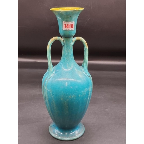 1418 - A Linthorpe twin handled turquoise glazed vase, impressed No.2141, 36cm high, (restoration... 