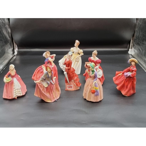 1422 - Seven Royal Doulton figures, to include: 'Miss Demure', HN1402, (hairline to base); 'Sweet Anne', HN... 