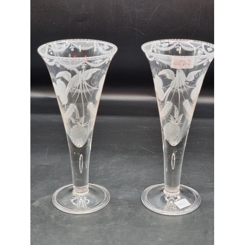 1455 - A large pair of ale glasses, engraved with Ho-Ho birds, 25.5cm high. 