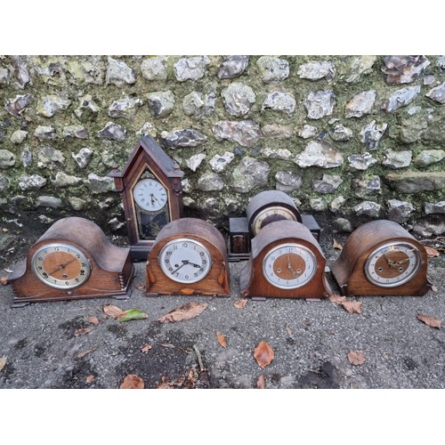 1638 - Five various oak mantel clocks; together with one other mantel clock.