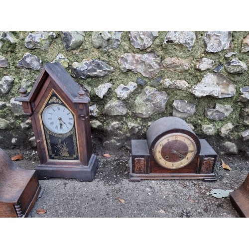 1638 - Five various oak mantel clocks; together with one other mantel clock.