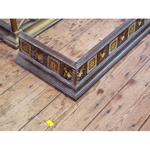 1101 - An interesting Arts and Crafts brass and tile inset fire kerb, 147.5cm wide.  ... 