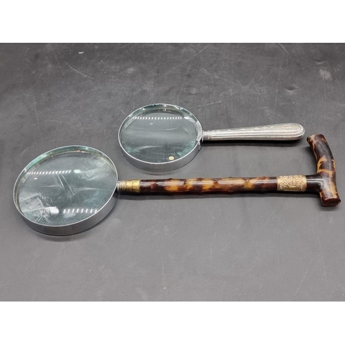 1493 - Two old magnifying glasses, one with tortoiseshell cane form handle. (2) 