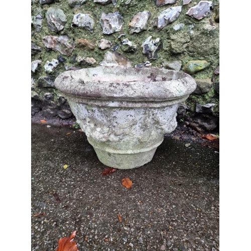 1634 - A pair of old weathered composition stone garden urns, 49cm diameter, (rim chips).