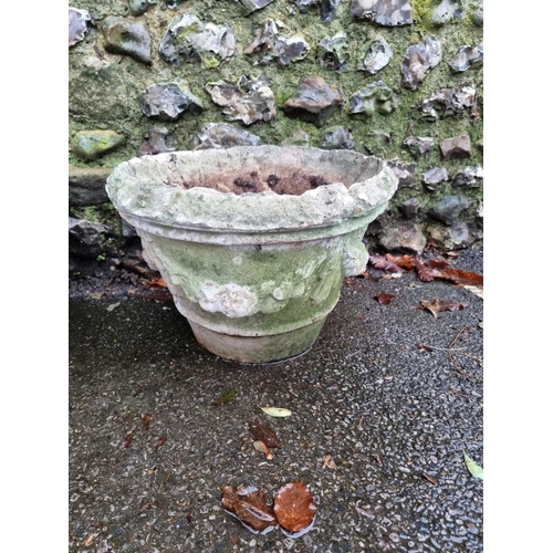 1634 - A pair of old weathered composition stone garden urns, 49cm diameter, (rim chips).