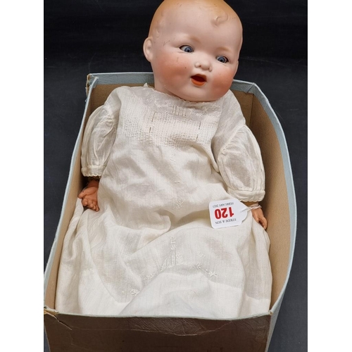 120 - Doll: an antique German porcelain head 'Baby Gloria' doll with articulated cloth body, 17in long; to... 